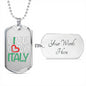 Live Love Italy Dog Tag Pendant with Military Chain in Stainless Steel & Gold option
