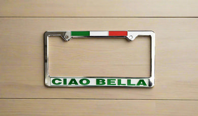 License plate frame with 'CIAO BELLA' text and Italian flag colors on a white background