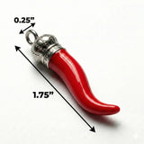 Red horn-shaped pendant with silver top and measurement details on a white background