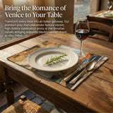 Table setting with a placemat featuring Venetian canal prints, wine glass, and cutlery.