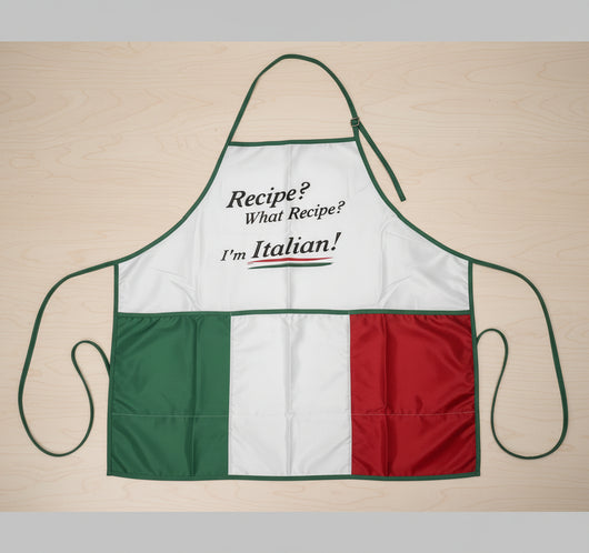 Apron with Italian flag design and text on a white background