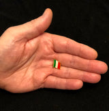 Metal lapel pin shaped like a waving Italian flag with vertical stripes in green, white, and red. Gold-colored edges and flagpole add elegance, while the 1"x5" size and secure metal clasp make it ideal for jackets, hats, or bags. A stylish symbol of Italian pride and heritage.