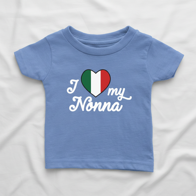 Blue t-shirt with 'I love my Nonna' text and Italian flag heart design on a white background