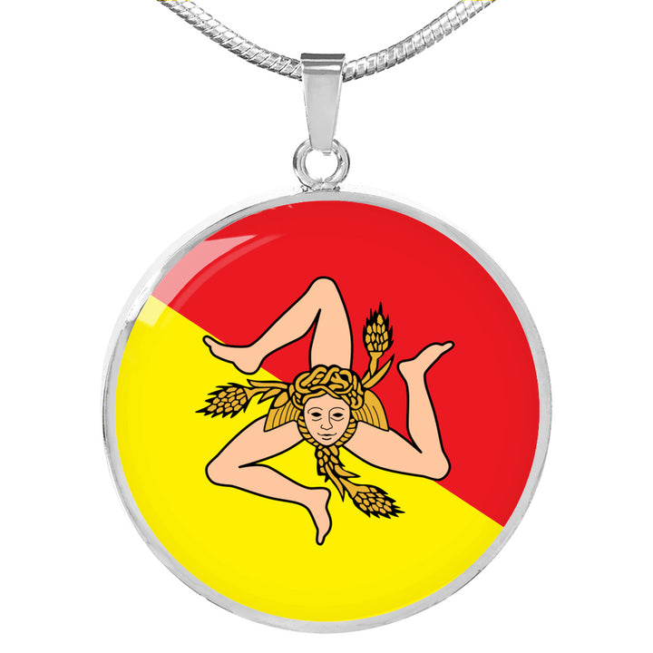 Sicilian Flag With Circle Pendant Necklace in Gold & Stainless Steel