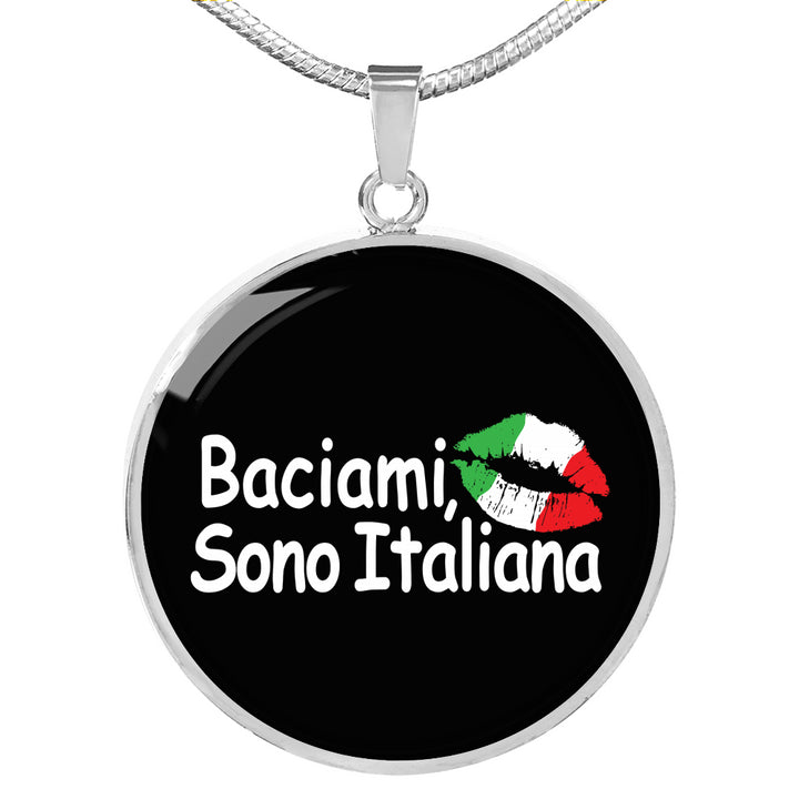 Kiss Me I'm Italian with Circle Pendant Necklace in Gold & Stainless Steel