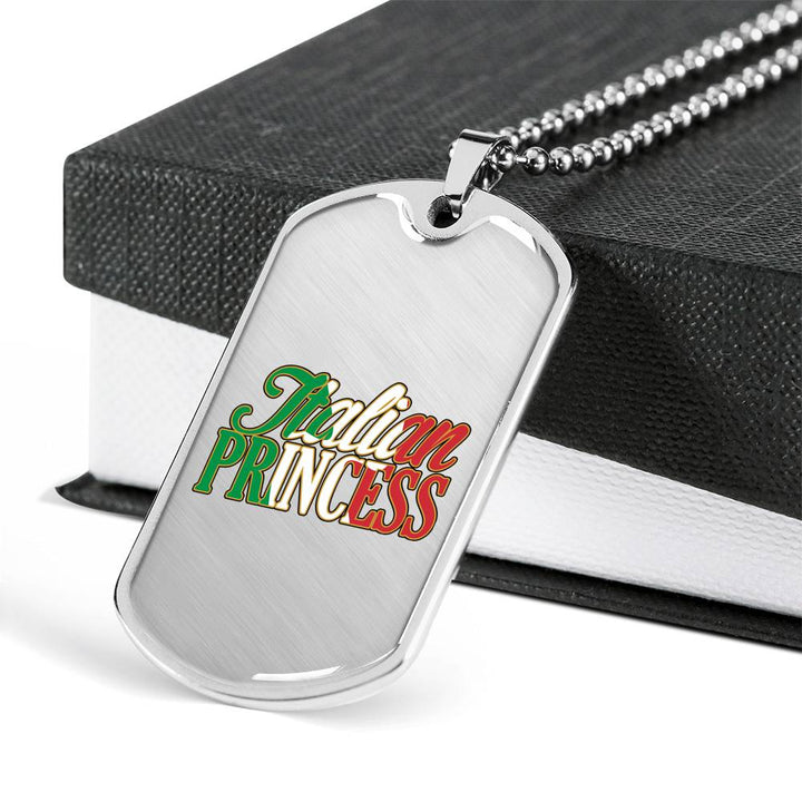 Italian Princess Dog Tag Pendant with Military Chain in Stainless Steel & Gold option