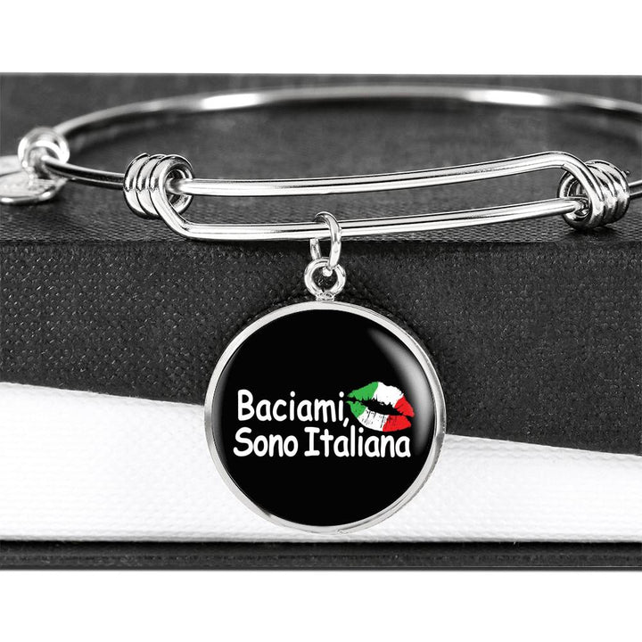 Kiss Me I'm Italian with Circle Charm Bangle in Gold & Stainless Steel
